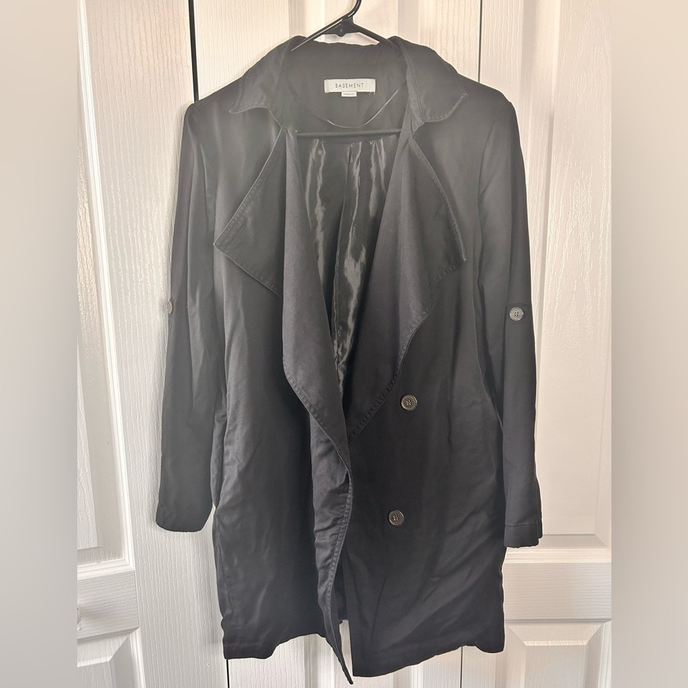 Basement Women’s Medium Black Lightweight Open Front Button Down‎ Trench Coat